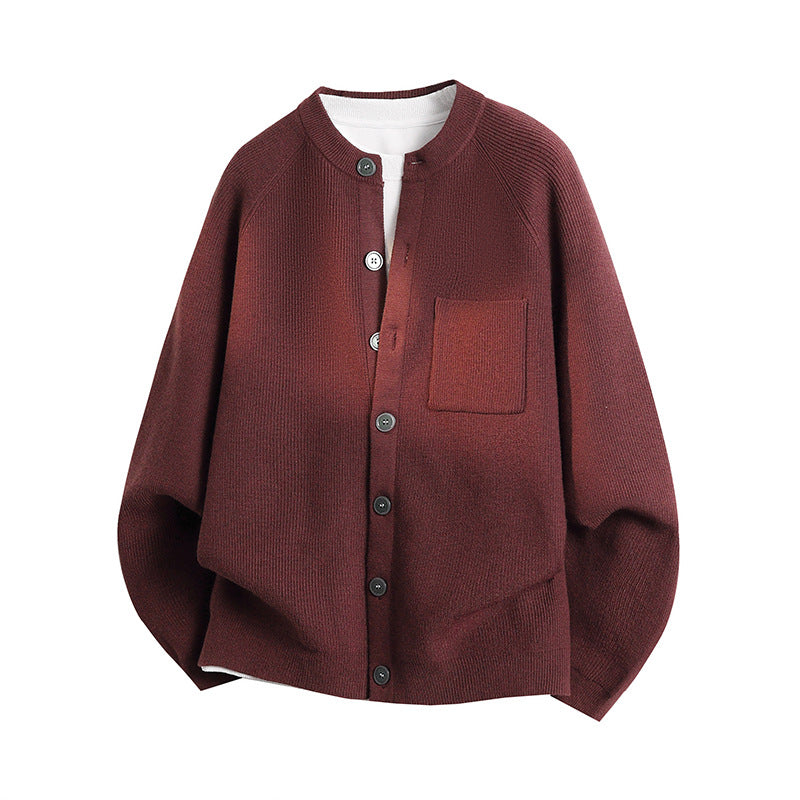 Unisex Leichter Feinstrick-Cardigan mit Rundhalsausschnitt, Brusttasche und Raglanärmeln Drune