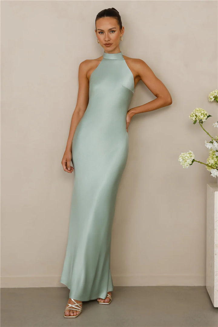 Damen Elegantes Satin-Maxikleid mit hohem Kragen und körpernahem Schnitt Drune