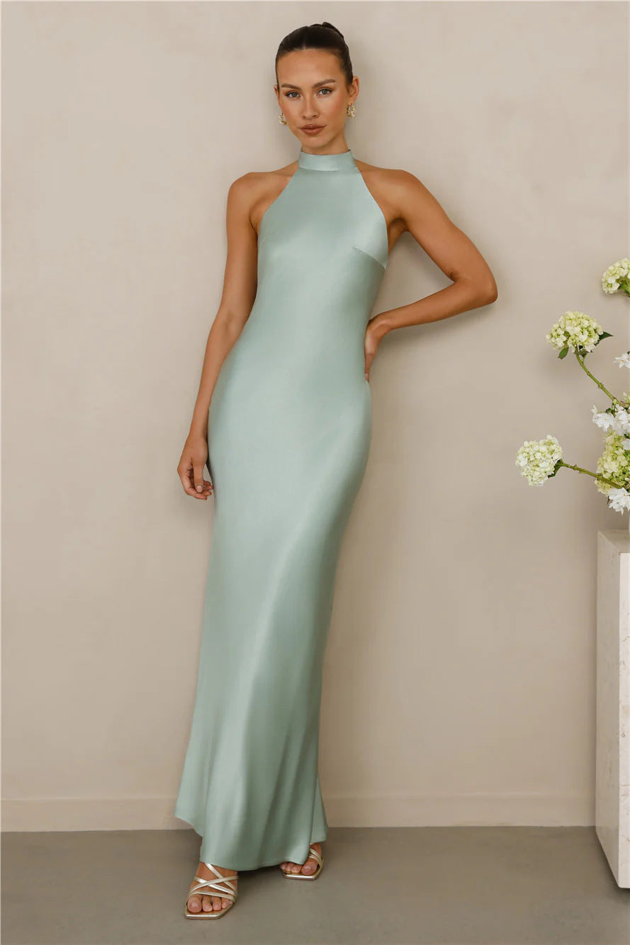 Damen Elegantes Satin-Maxikleid mit hohem Kragen und körpernahem Schnitt Drune