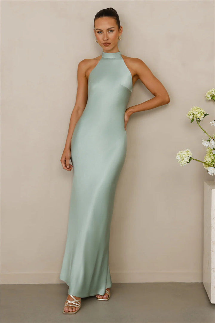 Damen Elegantes Satin-Maxikleid mit hohem Kragen und körpernahem Schnitt Drune