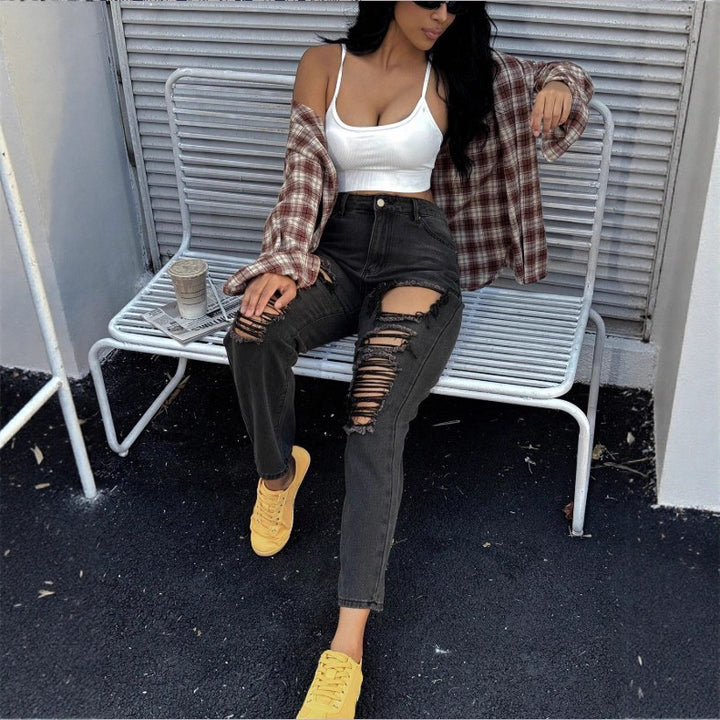 Damen hochgeschnittene Ripped-Mom-Jeans mit mehreren Knie-Cutouts und relaxed Straight-Schnitt Drune
