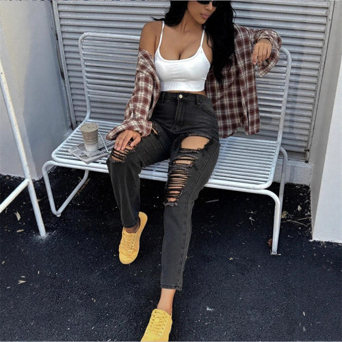 Damen hochgeschnittene Ripped-Mom-Jeans mit mehreren Knie-Cutouts und relaxed Straight-Schnitt Drune