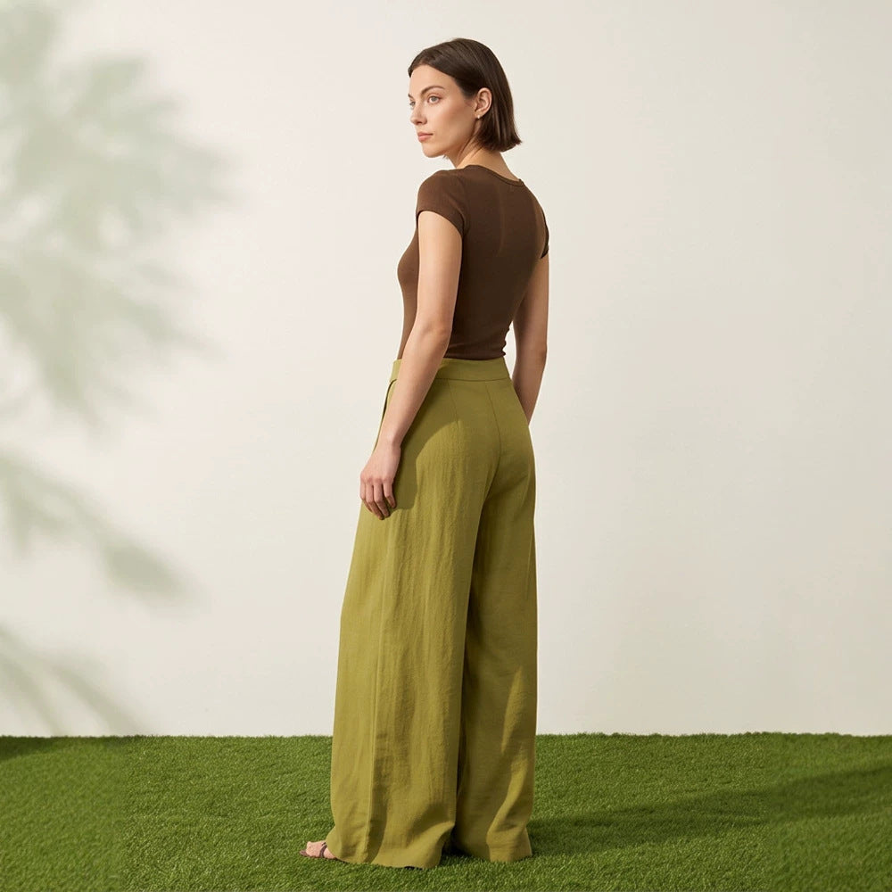 Damen High‑Waist Wickel‑Palazzohose mit weitem Bein und fließender Leinenoptik Drune