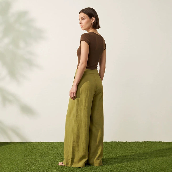 Damen High‑Waist Wickel‑Palazzohose mit weitem Bein und fließender Leinenoptik Drune