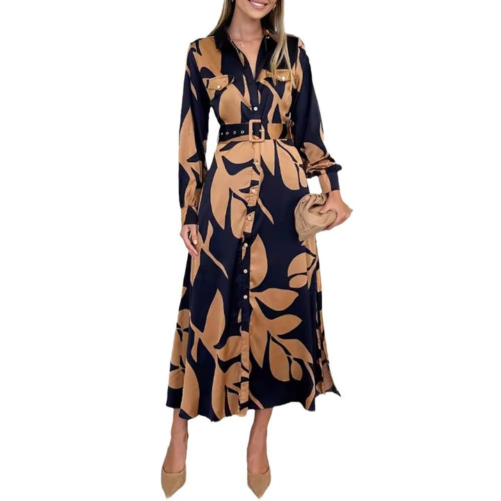 Damen nan fließendes Hemdblusenkleid mit Taillengürtel, Brustklappen und abstraktem Print Drune