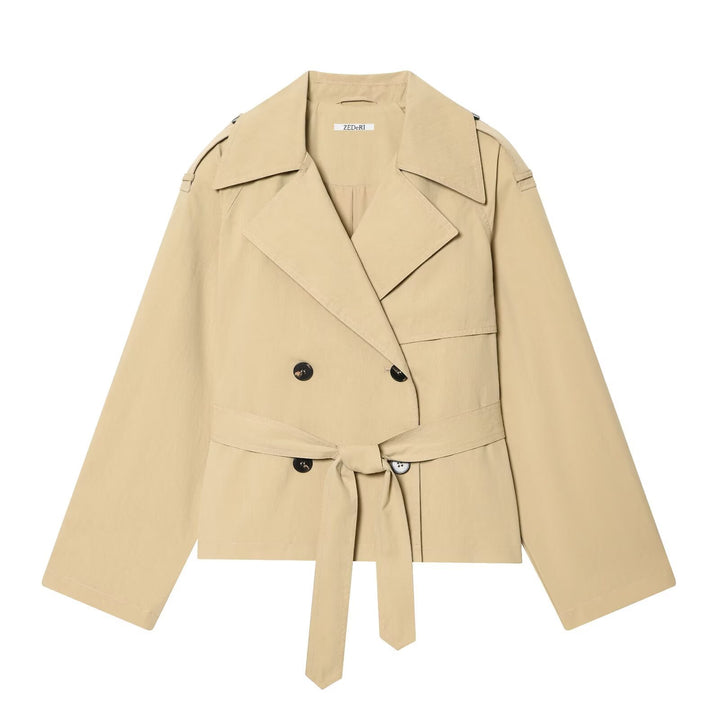 Damen kurzgeschnittener Trenchcoat mit Taillengürtel und Doppelreiher Drune
