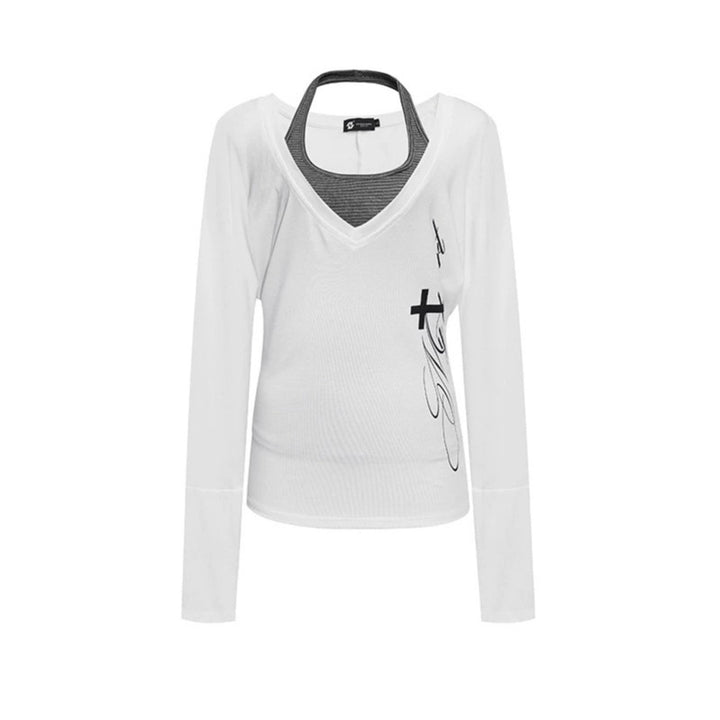Damen Lagen-Langarmshirt mit tiefem V-Ausschnitt, Neckholder-Innenlayer und seitlichem Script-Print Drune
