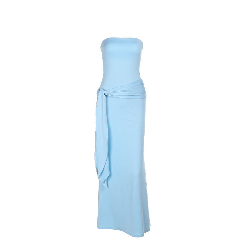 Damen elegantes Maxikleid mit schulterfreiem Design und drapierter Taille Drune