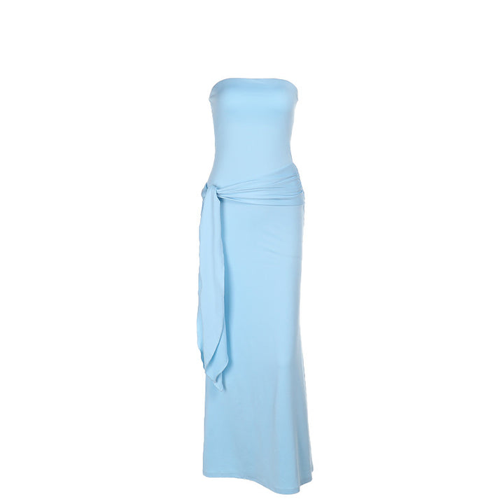 Damen elegantes Maxikleid mit schulterfreiem Design und drapierter Taille Drune