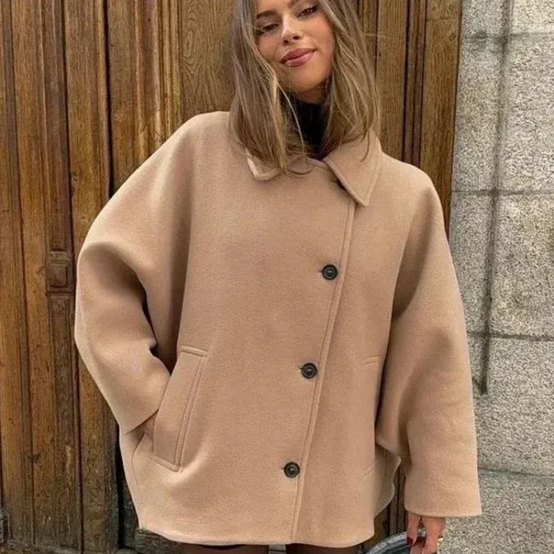 Damen Oversized Wollmix Boxy-Kurzmantel mit Reverskragen und Eingrifftaschen Drune