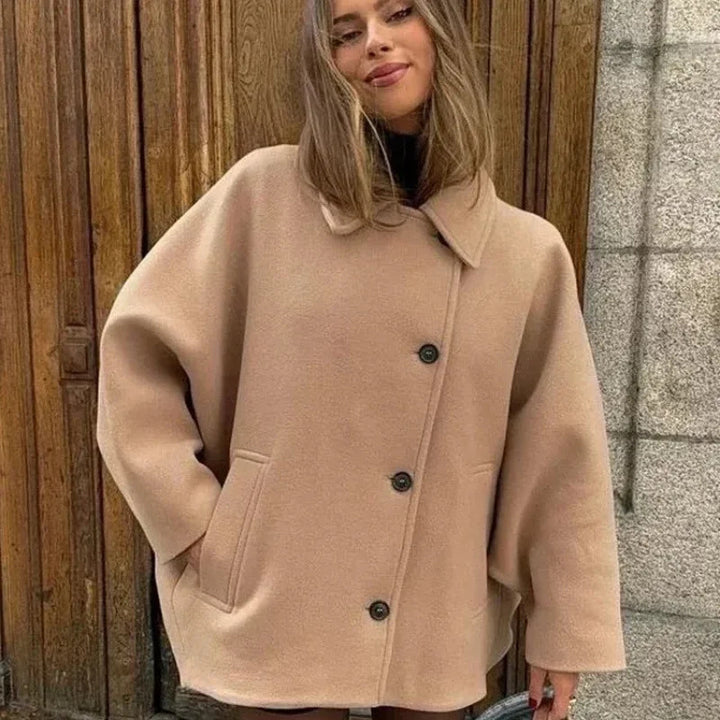 Damen Oversized Wollmix Boxy-Kurzmantel mit Reverskragen und Eingrifftaschen Drune