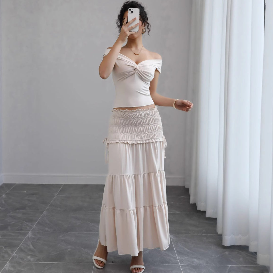 Damen Off-Shoulder Maxikleid mit gerafftem Rock und romantischem Design Drune