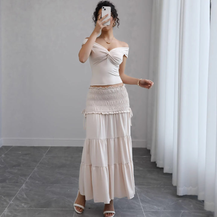 Damen Off-Shoulder Maxikleid mit gerafftem Rock und romantischem Design Drune