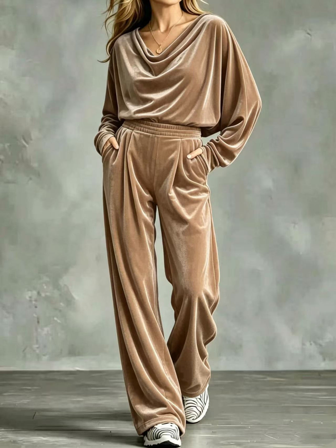 Damen Samt-Loungewear-Set mit Wasserfallkragen, weitem Palazzo-Schnitt und Eingrifftaschen Drune