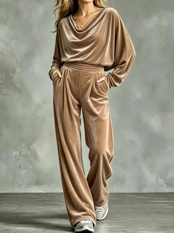 Damen Samt-Loungewear-Set mit Wasserfallkragen, weitem Palazzo-Schnitt und Eingrifftaschen Drune