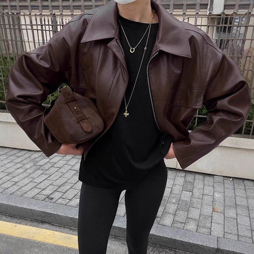Damen cropped Lederjacke mit robustem Kragen und praktischen Taschen Drune