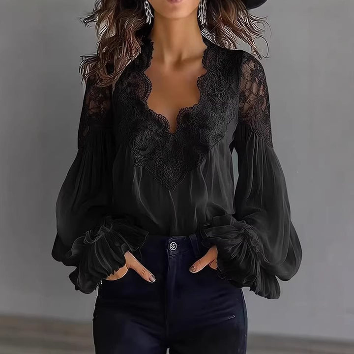 Damen Chiffon-Bluse mit Spitzen-V-Ausschnitt und weiten Plissee-Ärmeln Drune