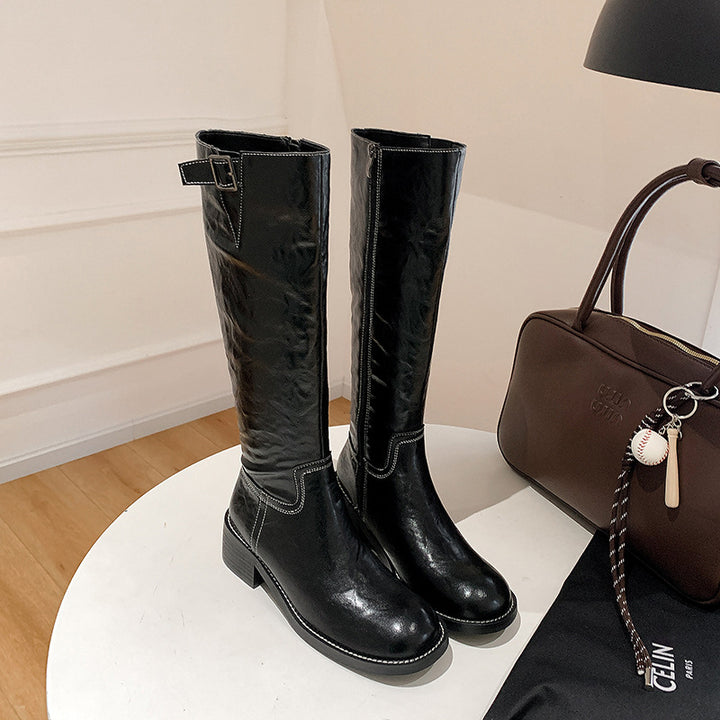Damen kniehohe Lederstiefel mit Zierriegel, kontrastierender Naht und niedrigem Blockabsatz Drune