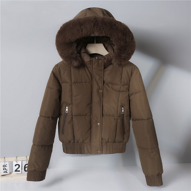 Damen nan kurzer isolierender Kapuzenblouson mit voluminöser Pelzkragenblende und elastischem Rippsaum Drune