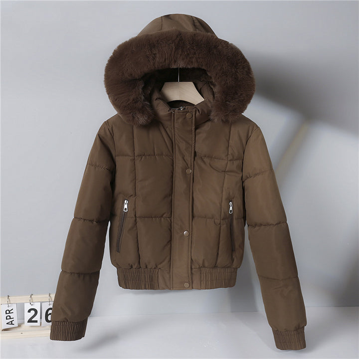 Damen nan kurzer isolierender Kapuzenblouson mit voluminöser Pelzkragenblende und elastischem Rippsaum Drune
