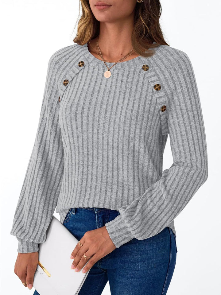 Damen Gerippter Strickpullover mit Zierknopfleiste an Raglanärmeln Drune