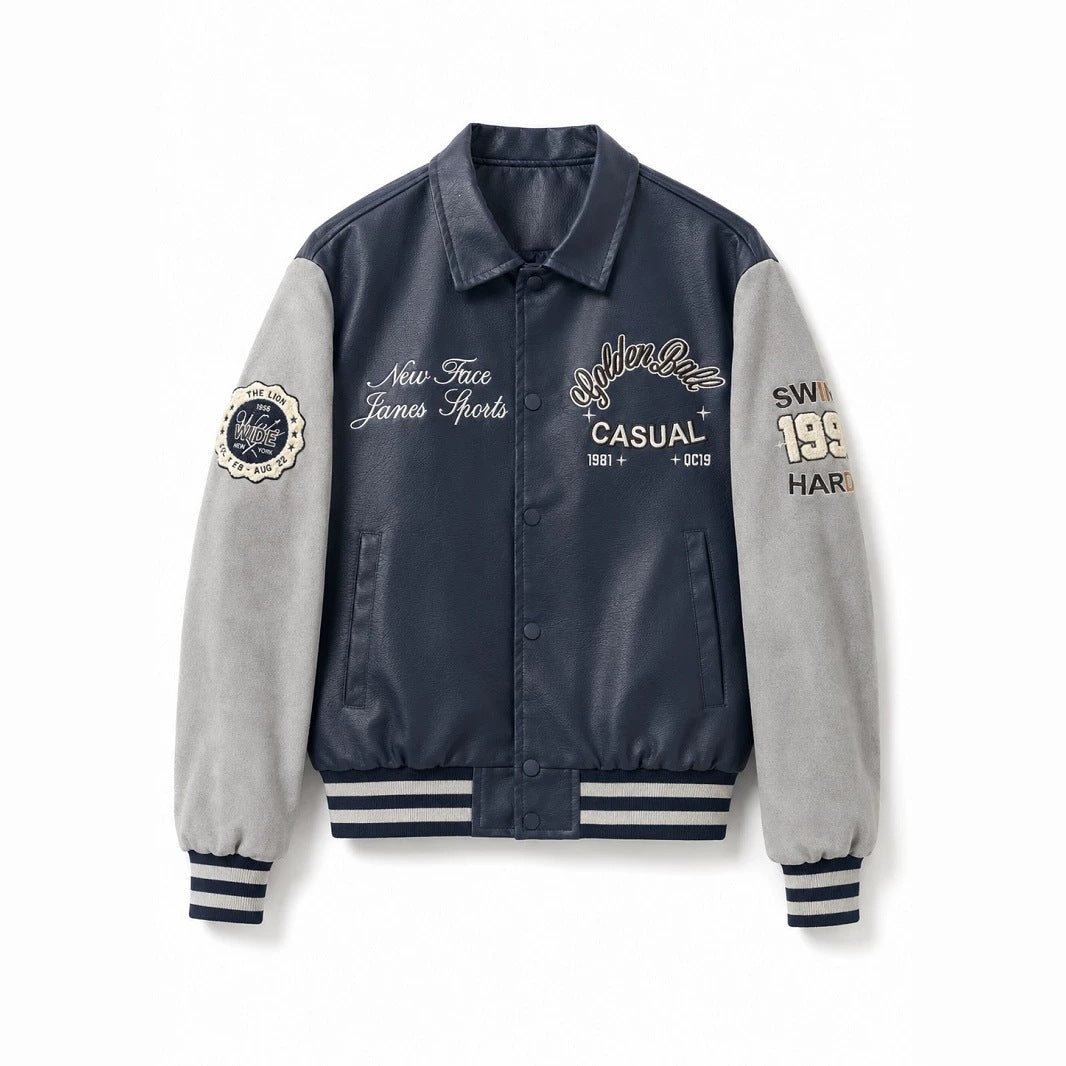 Herren Varsity-Bomberjacke im College-Stil mit Kunstleder-Körper, Veloursleder-Optikärmeln und bestickten Patches Drune