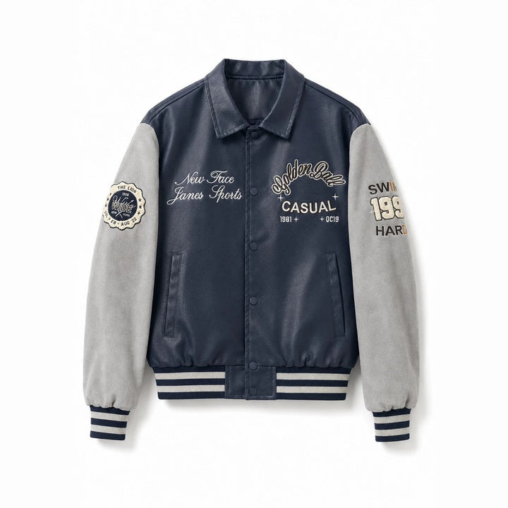 Herren Varsity-Bomberjacke im College-Stil mit Kunstleder-Körper, Veloursleder-Optikärmeln und bestickten Patches Drune