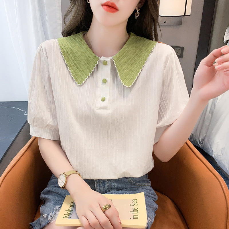 Damen Kurzarm Bluse mit elegantem Kragen und dekorativen Knopfdétails Drune