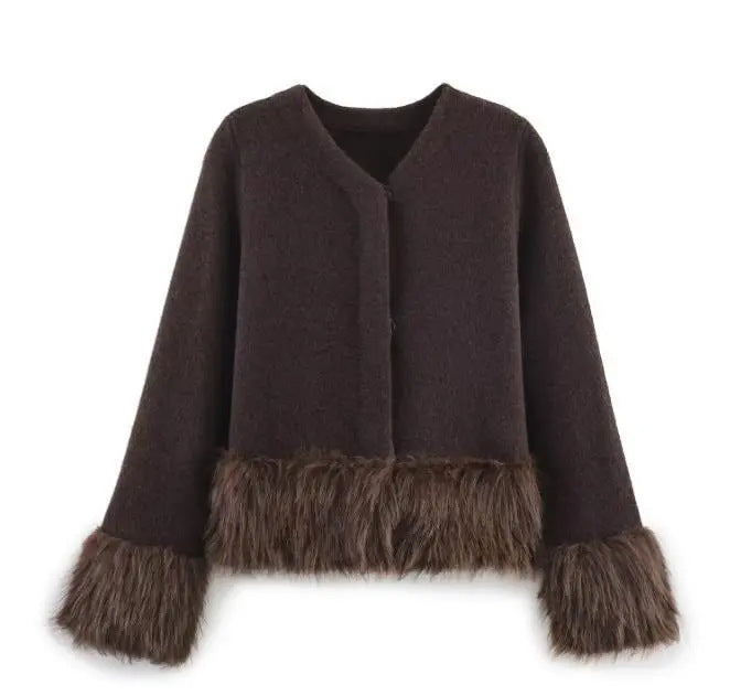 Damen nan kurze Wolljacke mit flauschigem Kunstfellbesatz am Saum und Ärmeln Drune