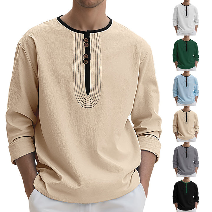 Herren nan weit geschnittenes Langarm-Kurta-Oberteil mit dekorativen Biesen und Holzknopfleiste Drune