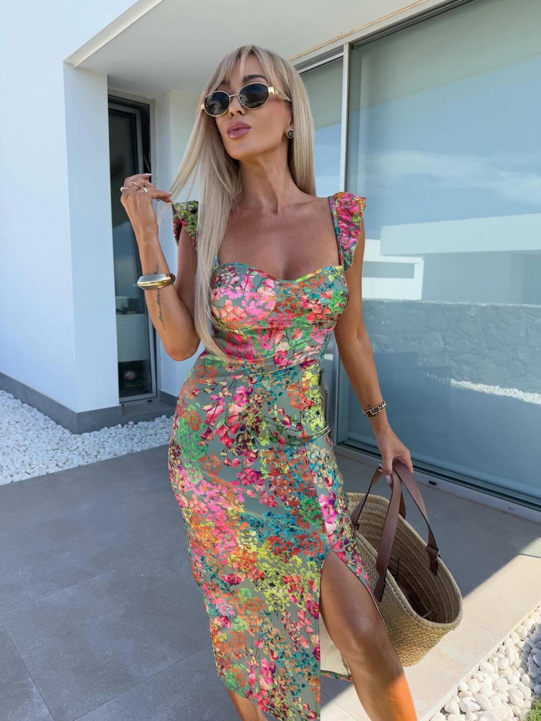 Damen Floral Maxikleid mit Rüschendetails und seitlichem Schlitz Drune