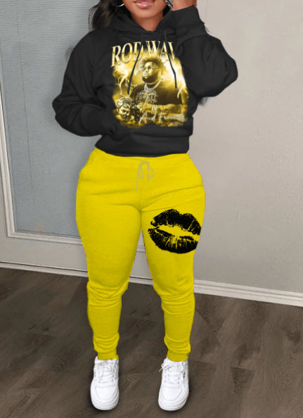 Damen Sportliches Hoodie- und Jogginghose-Set mit auffälligem Lippenmotiv Drune