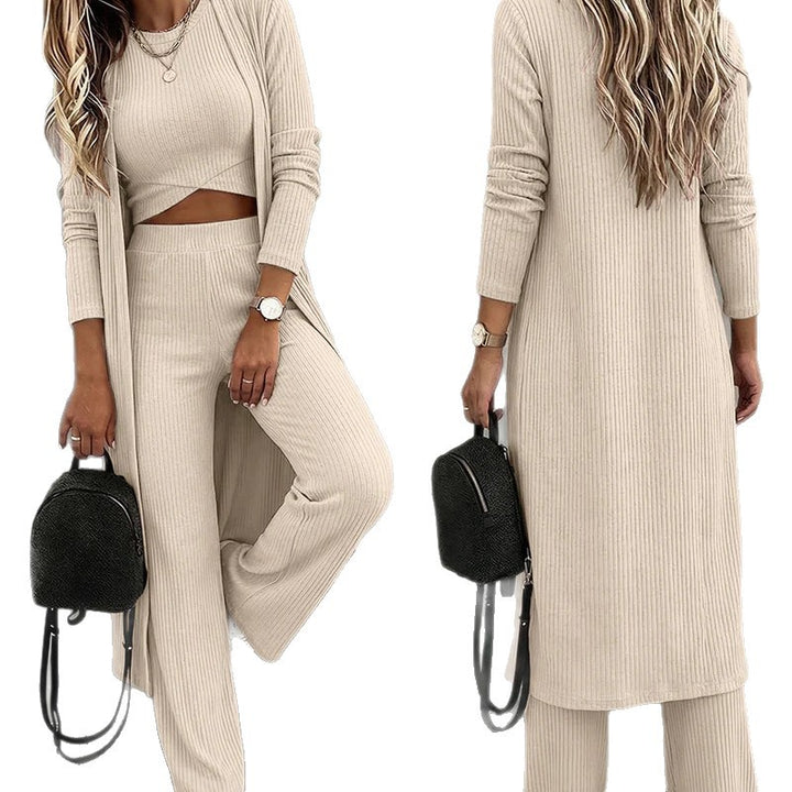 Damen Dreiteiliges Rippstrick-Loungewear-Set mit Longcardigan, bauchfreiem Top und weiter Palazzohose Drune