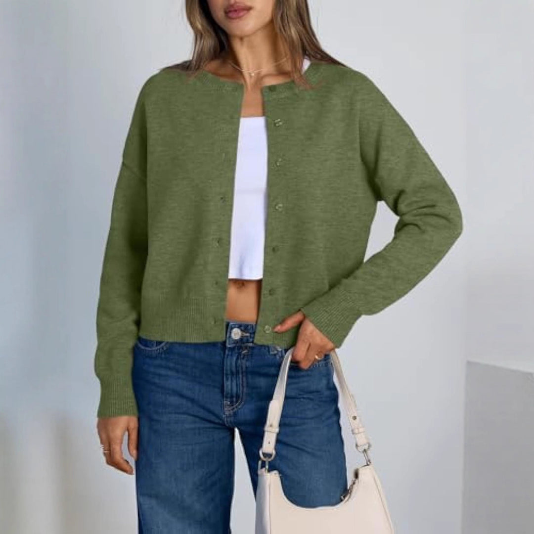 Damen Cropped Strickjacke im Boxy‑Schnitt mit Rundhals und Rippbündchen Drune