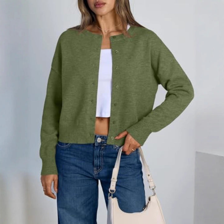 Damen Cropped Strickjacke im Boxy‑Schnitt mit Rundhals und Rippbündchen Drune