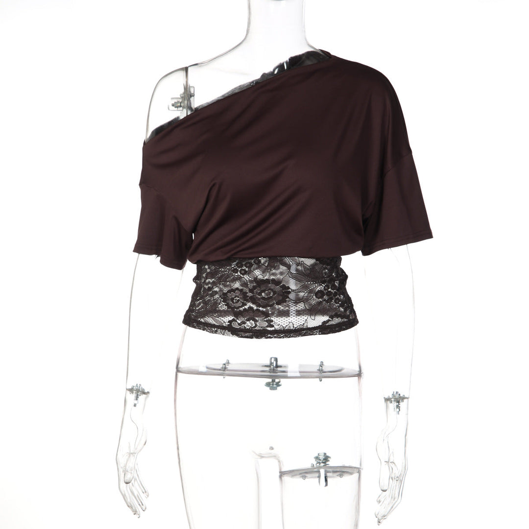 Damen Off-Shoulder Bluse mit Spitzenbund Drune