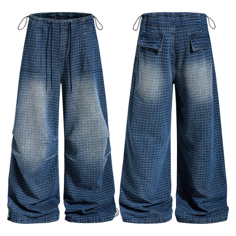 Damen Weite High‑Waist Culotte-Jeans mit Kordelzug, Karomuster und verstellbarem Saum Drune