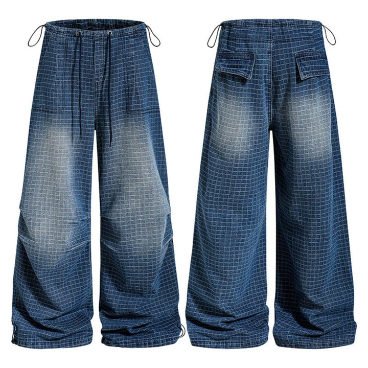 Damen Weite High‑Waist Culotte-Jeans mit Kordelzug, Karomuster und verstellbarem Saum Drune
