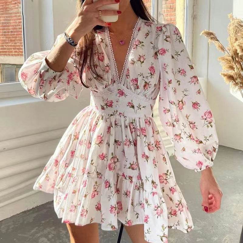 Damen Boho-florales Minikleid mit V-Ausschnitt und Puffärmeln Drune