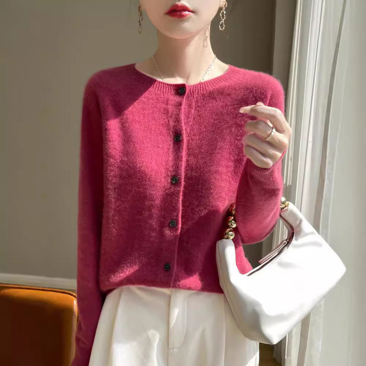 Damen Kurzgeschnittener Feinstrick-Cardigan mit Rundhalsausschnitt und schimmernder Knopfleiste Drune