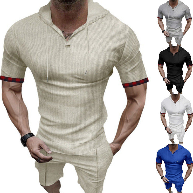 Herren nan sommerliches Kapuzen-Lounge-Set in leichter Waffelstruktur mit Kurzarm-Hoodie Henley-Öffnung und Komfort-Shorts Drune
