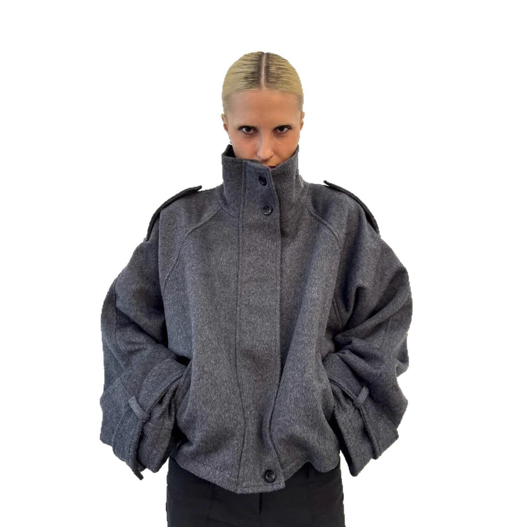 Damen nan kurzer Wollmix-Blouson mit hohem Stehkragen, Schulterpatten und voluminösen Ballonärmeln Drune