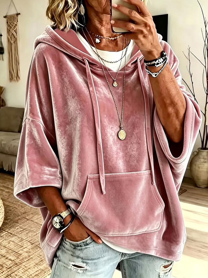 Damen Oversize Samt-Hoodie mit halbarm, Kapuze und Kängurutasche Drune