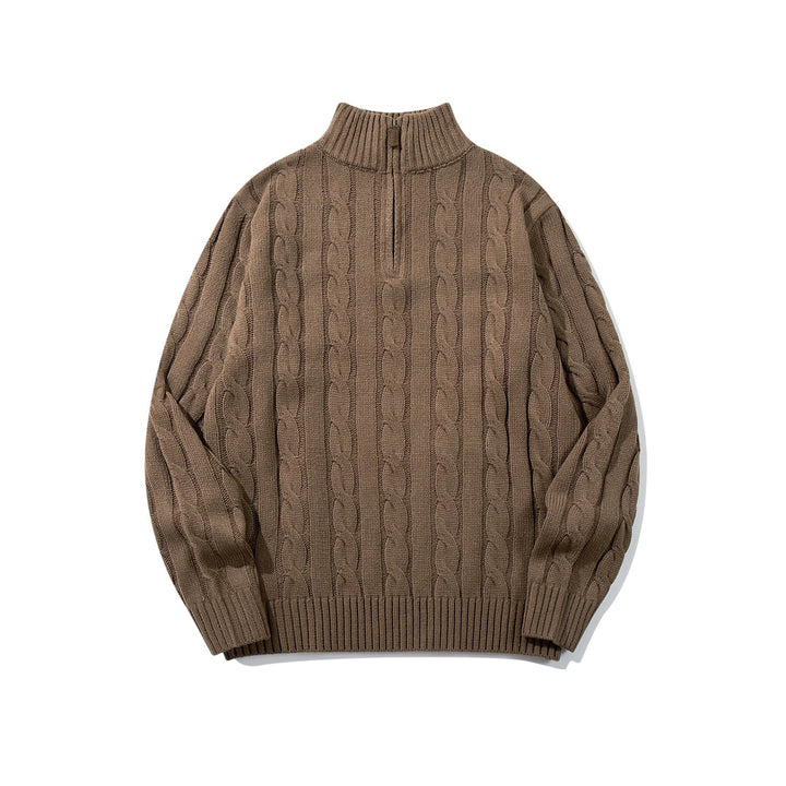 Unisex Zopfmuster-Halbzip-Pullover mit hohem Rippkragen und Oversize-Schnitt Drune