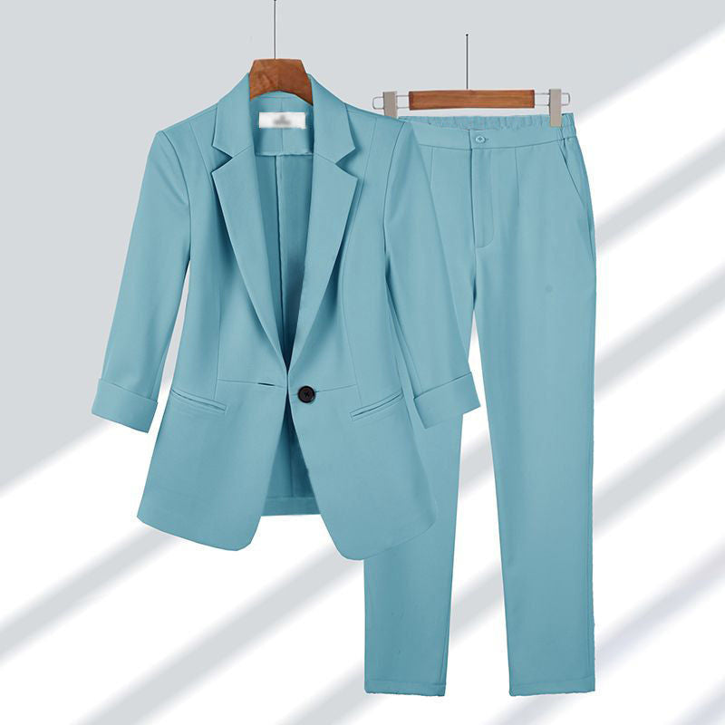 Damen nan schlanker Zweiteiler Business-Blazer mit krempelbaren 3/4-Ärmeln und hochgeschnittener Tapered-Hose Drune