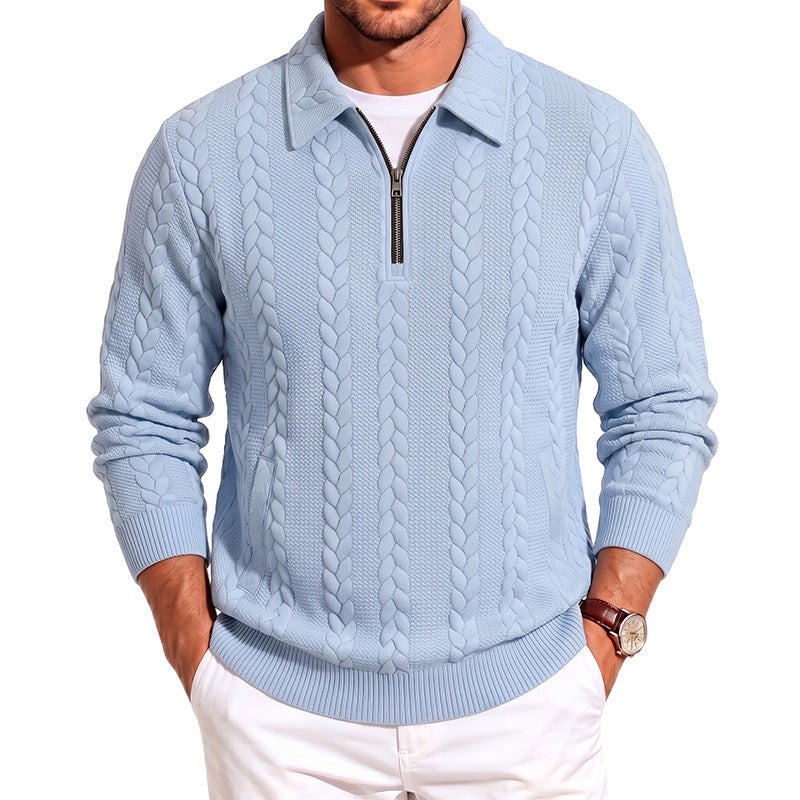 Herren Polokragen-Strickpullover mit Zopfstruktur und Halbzip Drune