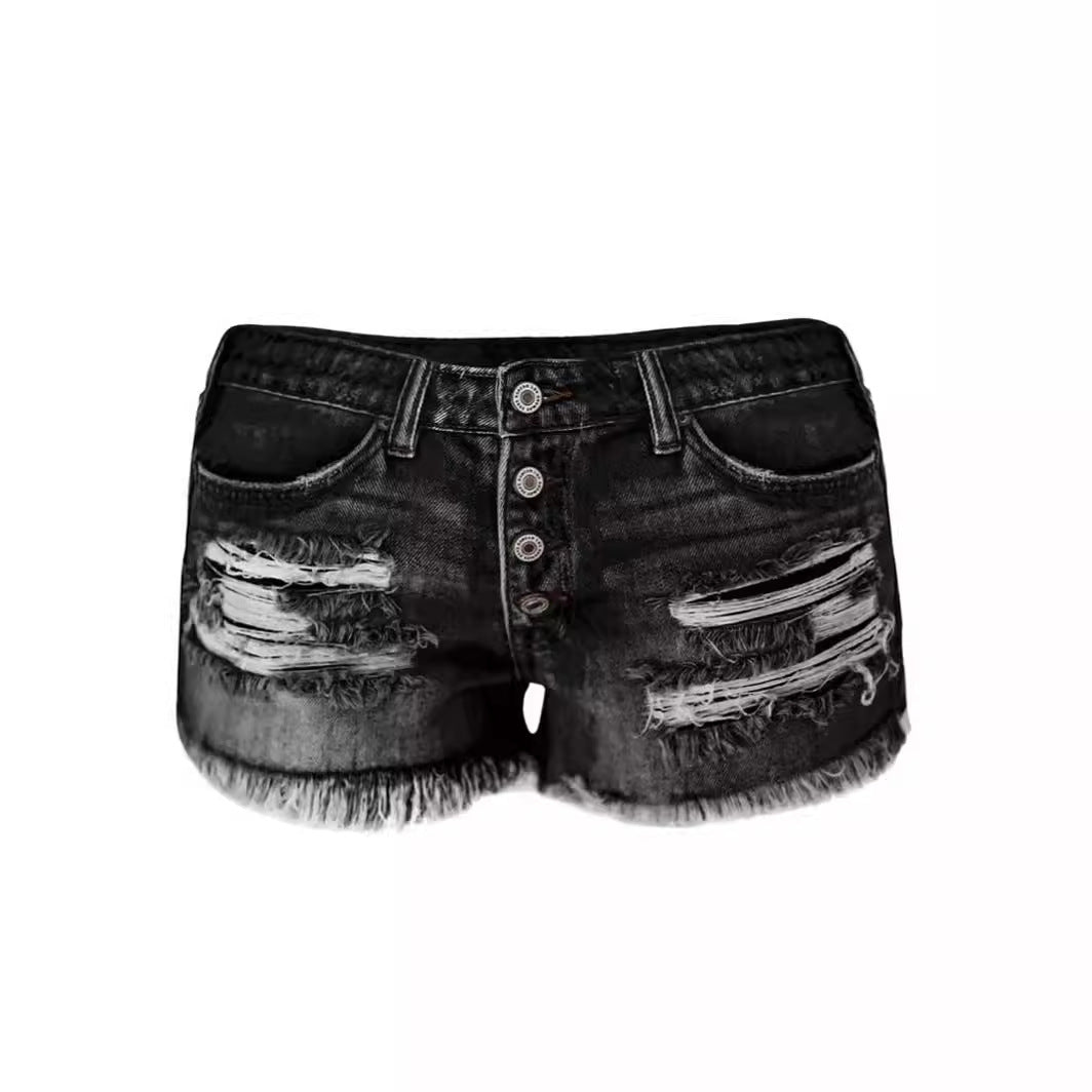 Damen lässige Destroyed Denim-Shorts mit Knopfdetails und fransigem Saum Drune