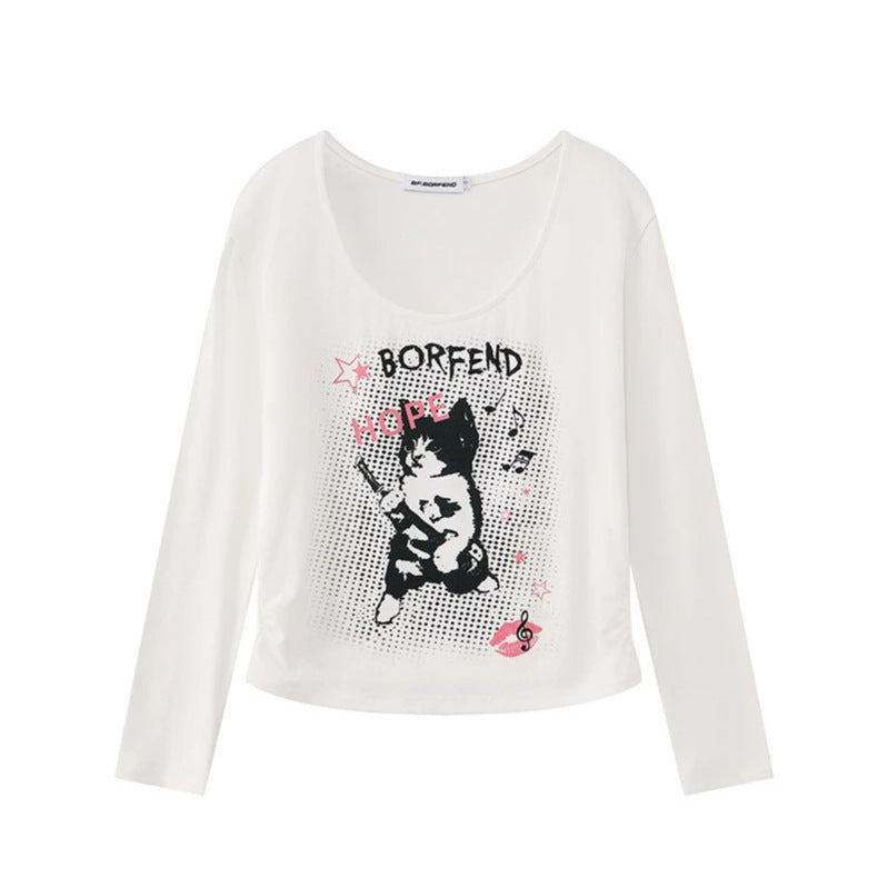 Damen Lagen-Langarmshirt mit Racerback-Innenlayer und Cartoon-Katzenprint Drune