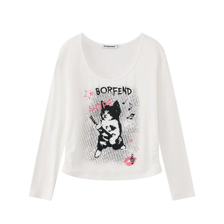 Damen Lagen-Langarmshirt mit Racerback-Innenlayer und Cartoon-Katzenprint Drune