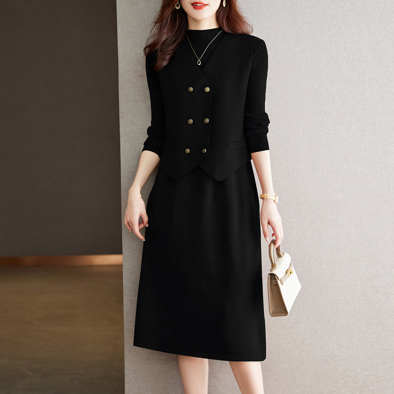 Damen elegantes Strickkleid mit schickem Blazer-Design und stilvollen Knopfdetails Drune